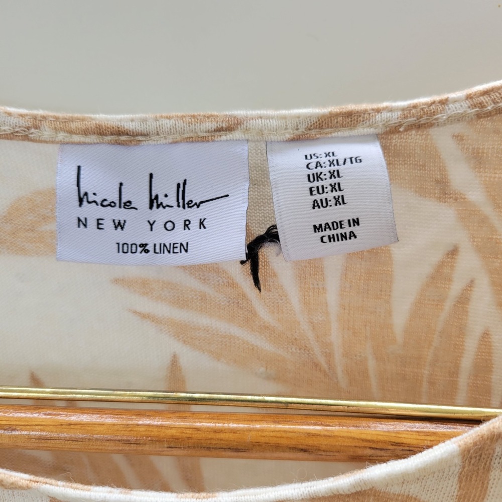 Nicole Miller New York XL Tan Palm Leaf 100% Linen Ruched Shoulder Tie Top - Picture 5 of 8